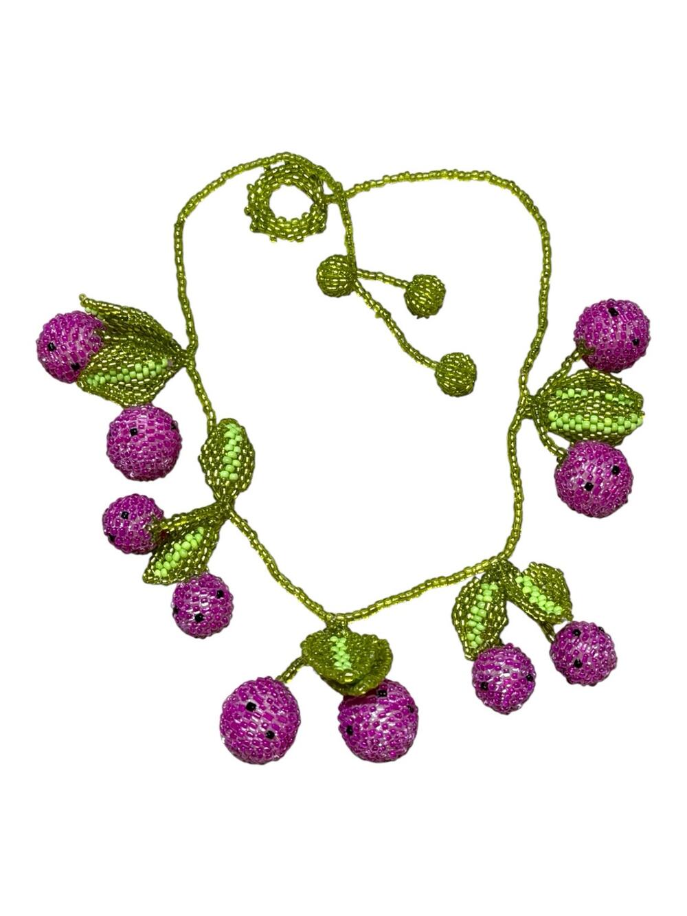 Retro cherry berry glass bead pink green choker necklace  90s y2k beaded